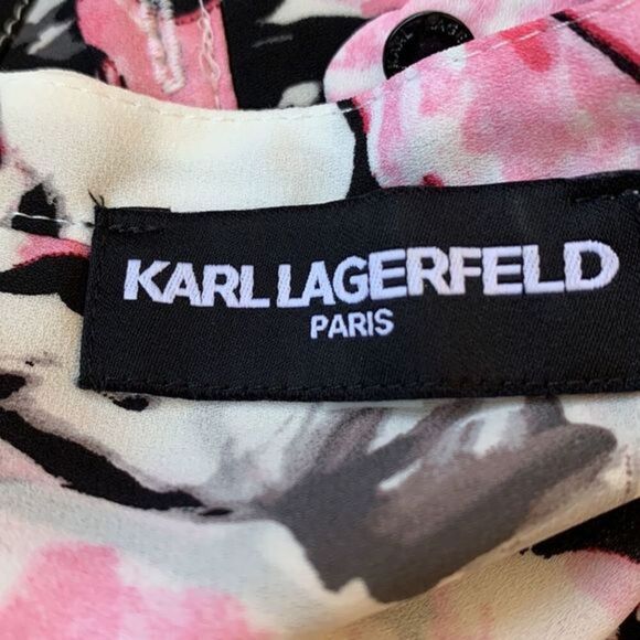 Karl Lagerfeld White, Black & Pink Floral Cold Shoulder Blouse Top - Picture 11 of 12
